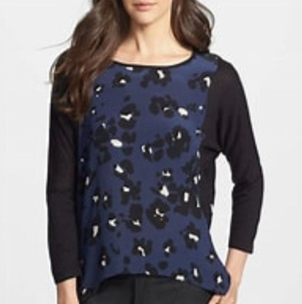 REBECCA TAYLOR COOL CAT PRINT MIXED MEDIA TOP SIZE 8 Silk & Wool Blend.